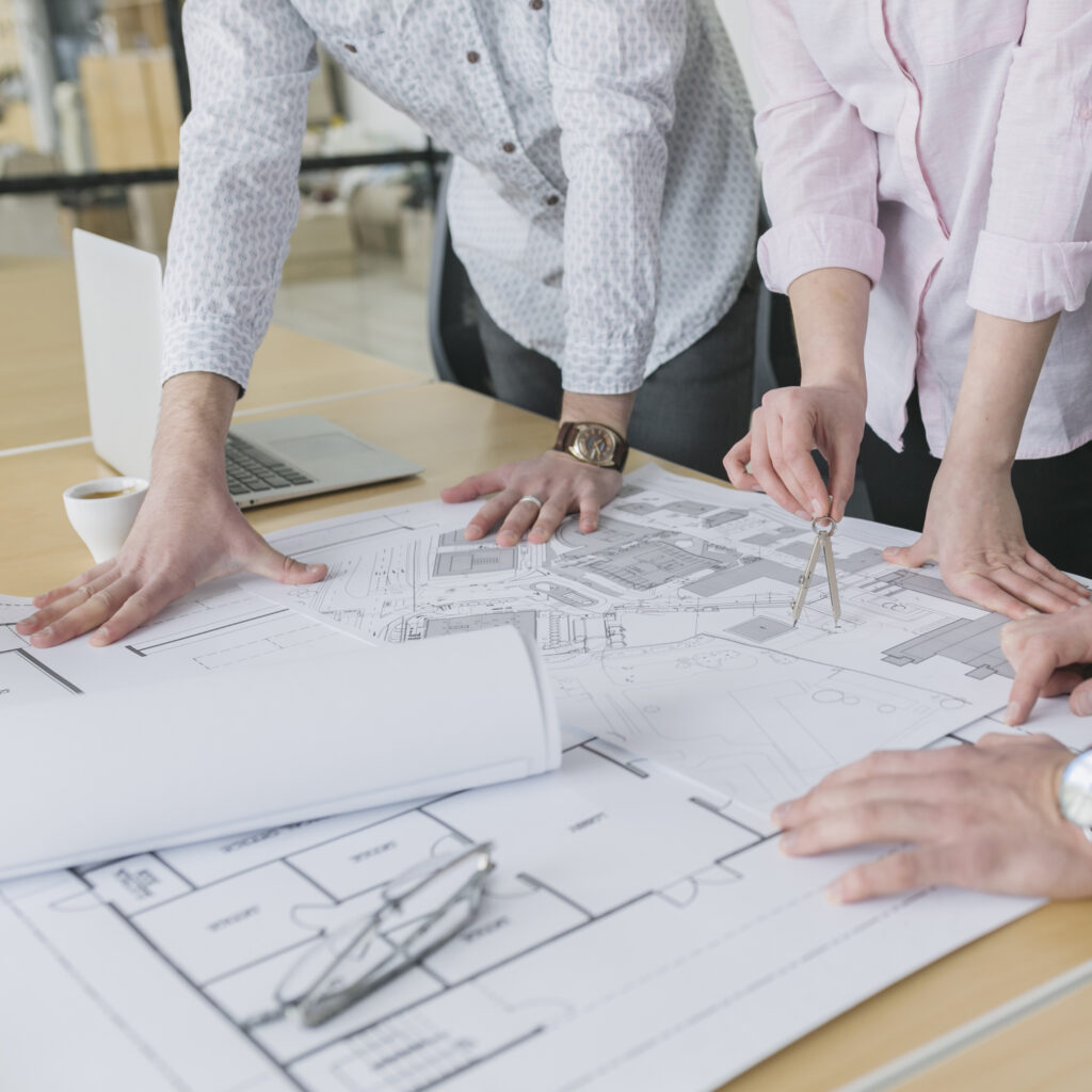 Architekturpläne, Zirkel, teamwork, Besprechung, Entwurf