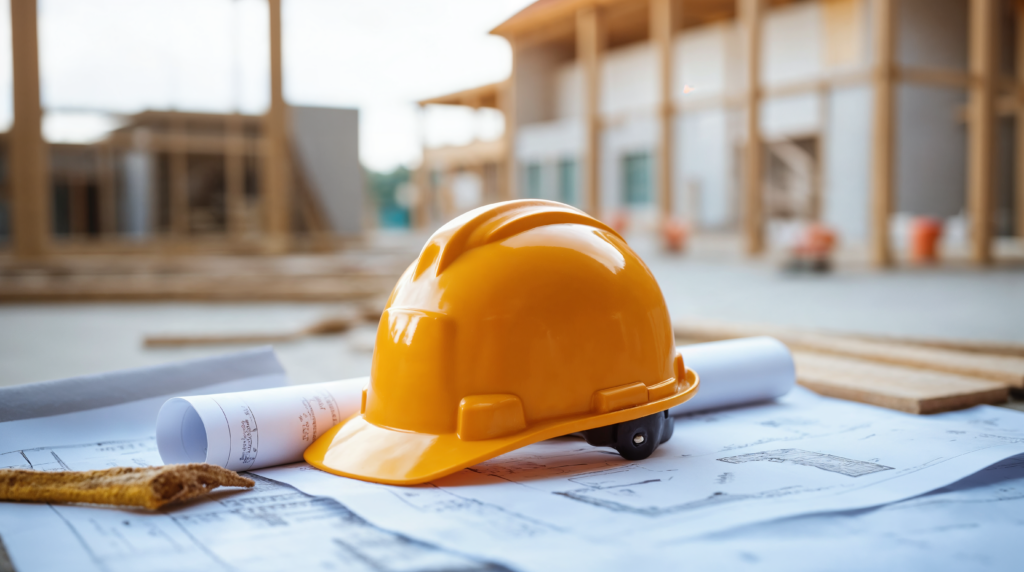 Gelber Helm auf Bauplänen, Baustelle.