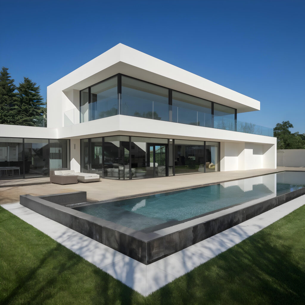 Kubistische Villa, Glasfront, Infinity-Pool.
